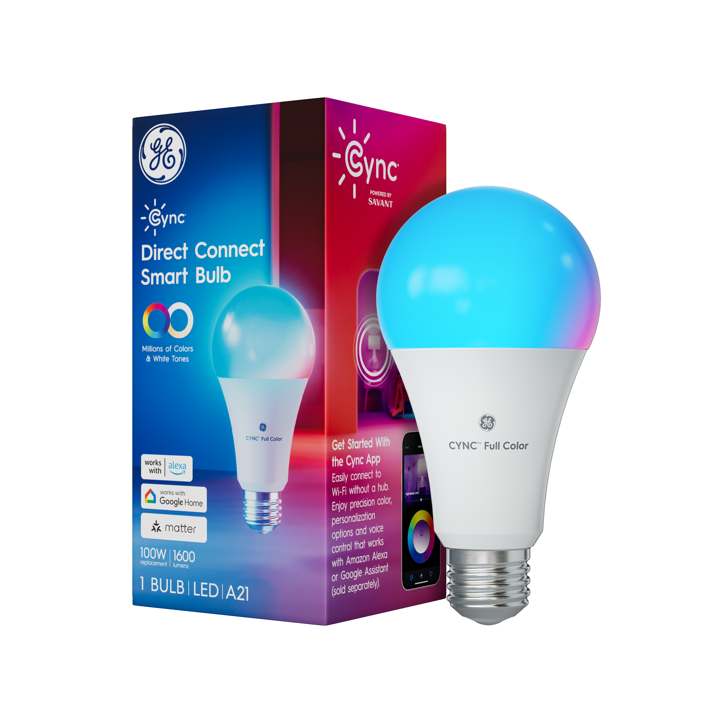 GE Cync Direct Connect A21 Smart LED Light Bulb, Color Changing Smart Lights, Matter Compatible, Works with Alexa and Google Home (1-Pack)